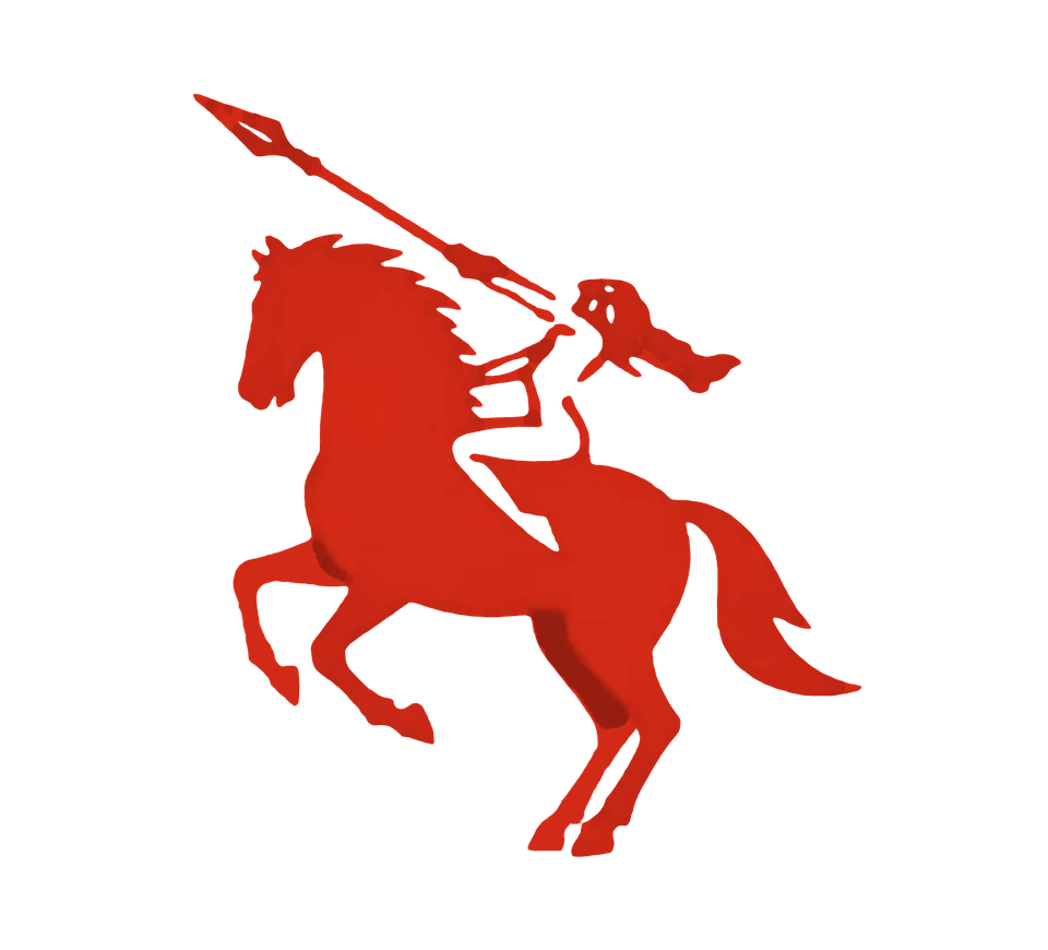 A red rider with a spear gallops in, rears up and settles.